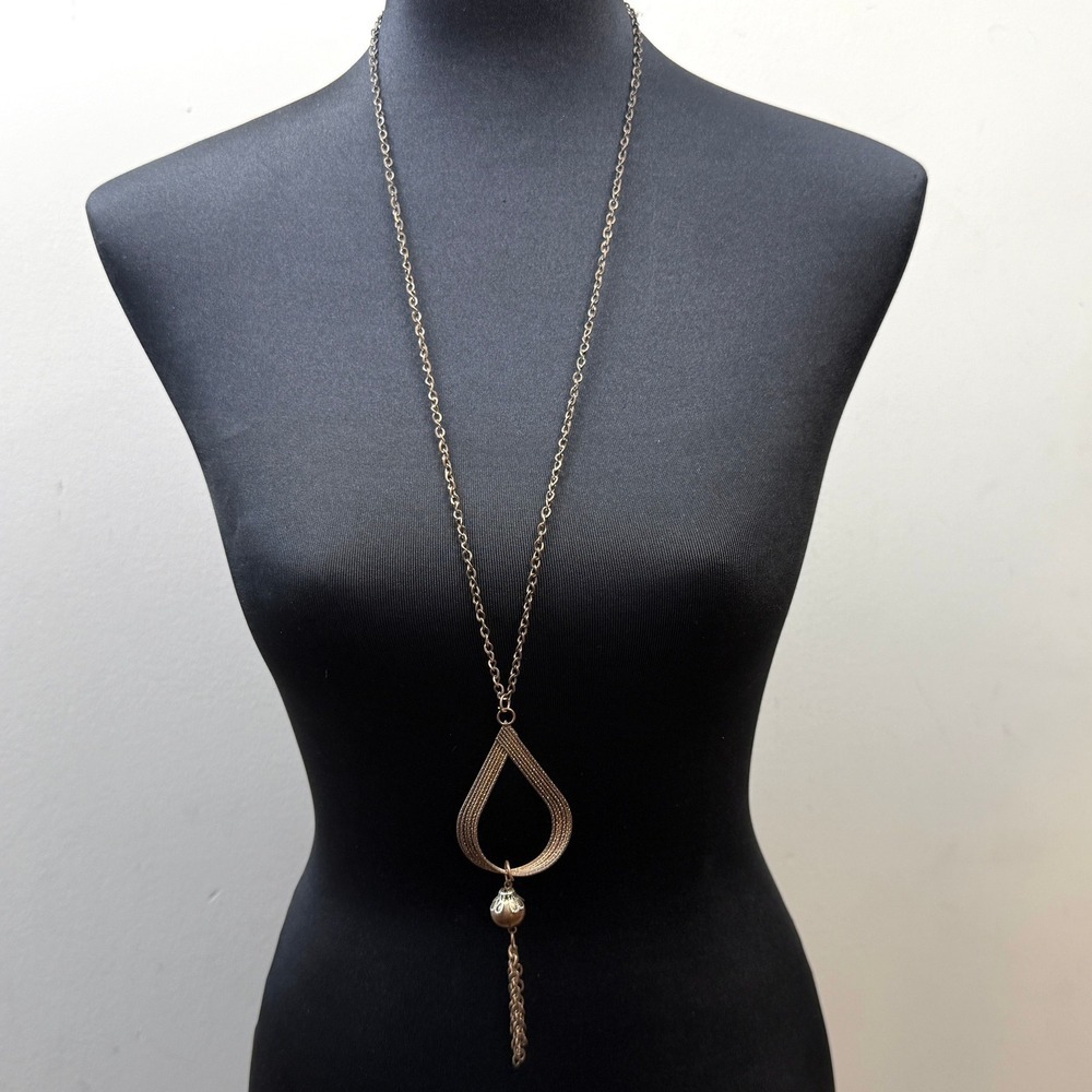 Long Teardrop Pendant Necklace Bronze Tone Beaded Tassel Boho Jewelry 21 in L